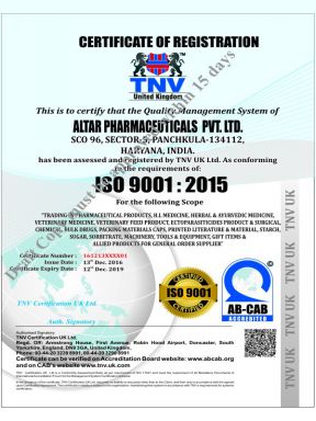 Altar Pharma Pvt Ltd - ISO Cert - Altar Pharma